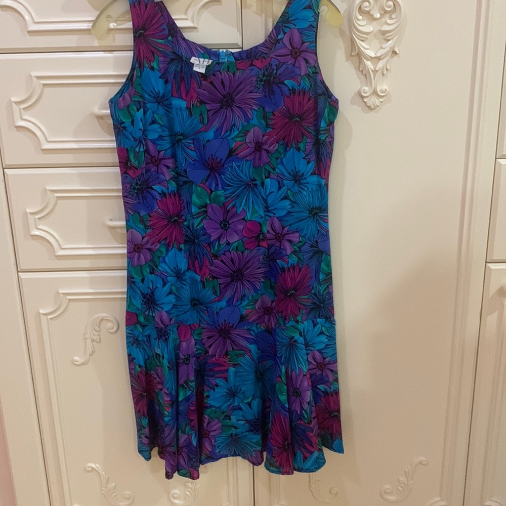 Vintage August Hale bright floral silk flair bottom sleeveless dress Sz 8